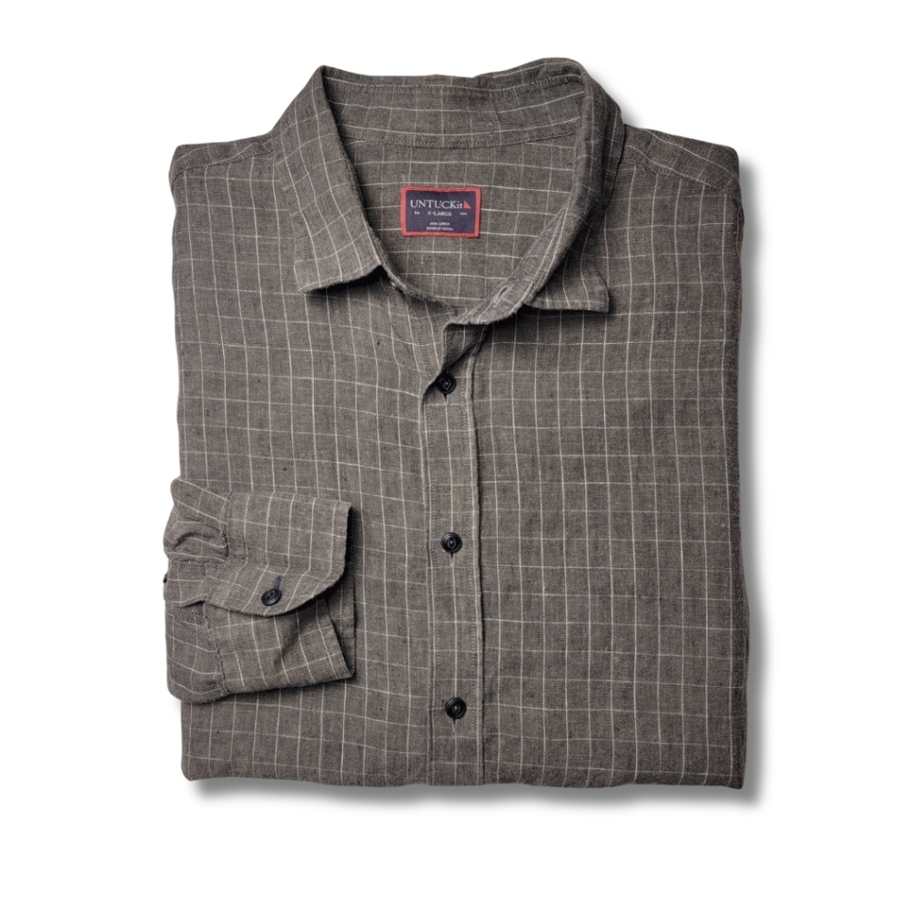 UNTUCKit 100% Linen Gray Windowpane Check Long Sleeve Shirt XL